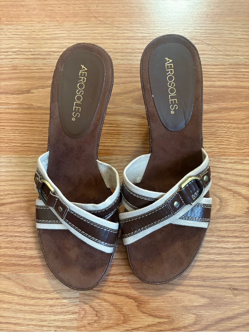 AEROSOLES Brown and Cream Cross‑Strap Slide Mules